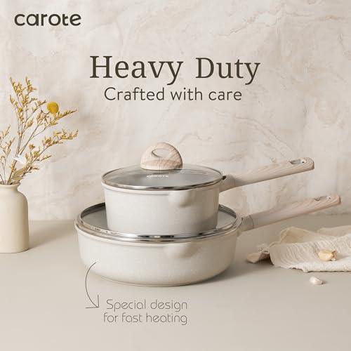 CAROTE 16pcs Pots and Pans Set Non Stick, Kitchen Cookware Sets, Large Capacity Granite Pots Set, Kitchen Induction Pots and Pans Cooking Sets, Beige - CookCave