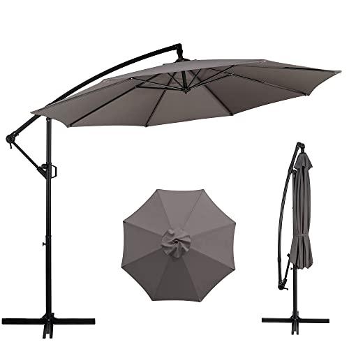 Shintenchi Patio Offset Umbrella w/Easy Tilt Adjustment,Crank and Cross Base, Outdoor Cantilever Hanging Umbrella with 8 Ribs, 95% UV protection and Waterproof Canopy, Dark Gray - CookCave