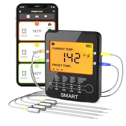 Rilitor Bluetooth Meat Thermometer,Wireless Digital Grill Thermometer with 4 Probes, Oven BBQ Thermometer with 100M/328Ft Smart APP Remote Suit for Kitchen Food Garden Smoker Barbecue Cooking - CookCave