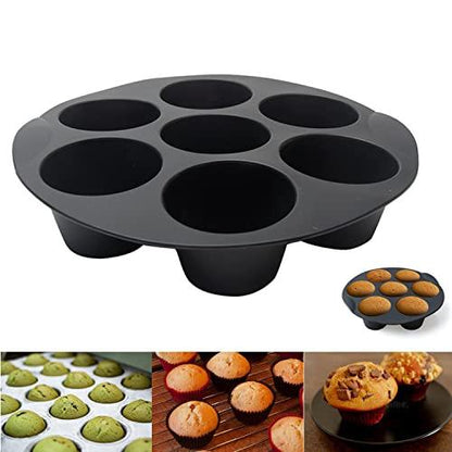 Silicone Muffin Cake Cups for Baking Muffin & Mini Cakes, 7 Cups Non-stick Egg Muffin Pan Cupcake Tin Tray Home DIY Round Dessert Baking Mould fits 3.5-5.8L Air Fryer (Black, 21cm/8inch) - CookCave