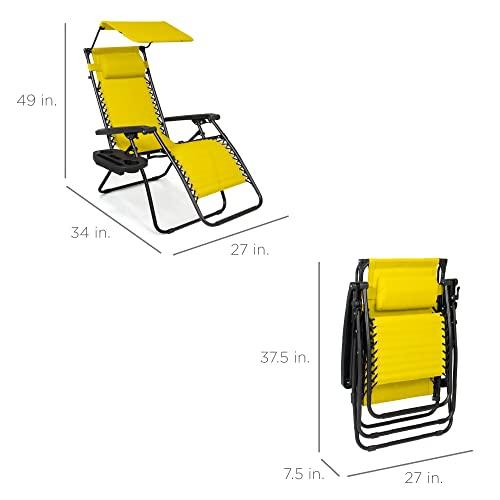 Best Choice Products Folding Zero Gravity Outdoor Recliner Patio Lounge Chair w/Adjustable Canopy Shade, Headrest, Side Accessory Tray, Textilene Mesh - Sunflower Yellow - CookCave