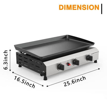 ADREAK 25.6 Inch 3 Burner BBQ Gas Grill Griddle, Stainless Steel Portable Detachable 30,000 BTU Table Top Propane Barbecue Grill for Camping or Tailgating (Only Griddle) - CookCave