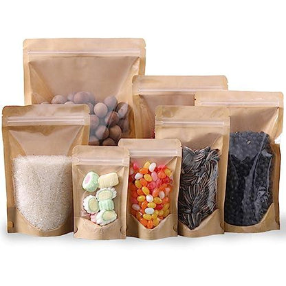 50pcs Kraft Bags With Window Clear Fornt Pouches Resealable Stand Up Zip Lock Food Storage Bags Brown 3.5"x5.5" - CookCave