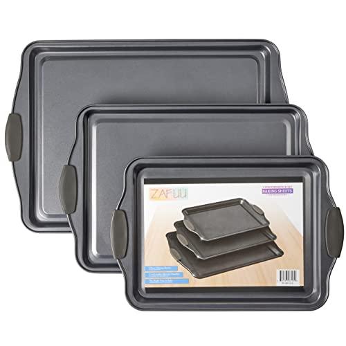 Non-Stick Baking Sheet Set 3 Pcs for Cookies & More, Heavy-Duty Aluminum Baking Sheets with Gray Silicone Handles - CookCave