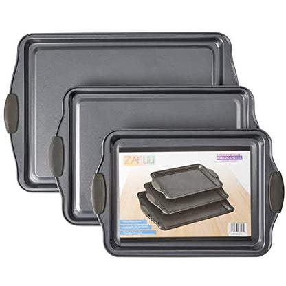 Non-Stick Baking Sheet Set 3 Pcs for Cookies & More, Heavy-Duty Aluminum Baking Sheets with Gray Silicone Handles - CookCave