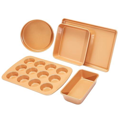 Amazon Basics Ceramic Nonstick Baking Sheets and Pans Bakeware Set, 5-Piece Set- Copper Color - CookCave