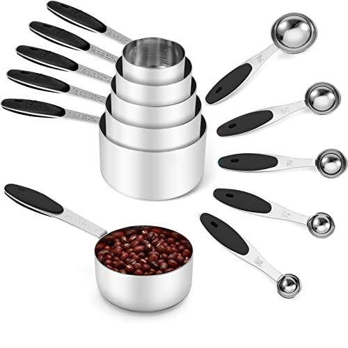 Joyhill Stainless Steel Measuring Cups and Spoons Set of 10 Piece, Nesting Metal Measuring Cups Set with Soft Touch Silicone Handles for Dry and Liquid Ingredients, Cooking & Baking (Black) - CookCave