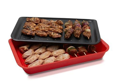 Blazin' Grill Prep & Serving Trays | Set of 2 Stackable, Melamine Trays | Serving Tray & Marinating Tray | Serving Platter for Plating Food & BBQ Prep Tub for Marinating Meats | Grill Accessories | - CookCave