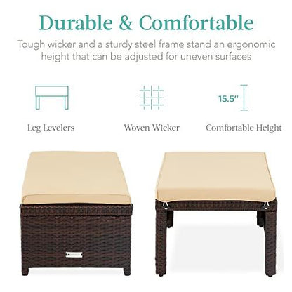 Best Choice Products Set of 2 Wicker Ottomans, Multipurpose Outdoor Furniture for Patio, Backyard, Additional Seating, Footrest, Side Table w/Removable Cushions, Steel Frame - Brown/Beige - CookCave