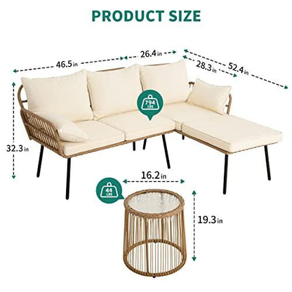 YITAHOME Rope Woven Sectional L-Shaped Sofa, 3 Pieces Patio Furniture Set for Patio Backyard Poolside, Wicker Conversation Set with Cushions, Detachable Lounger, Side Table - Beige - CookCave