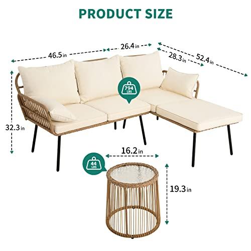 YITAHOME 3 Pieces Patio Furniture Set, Outdoor Wicker Conversation Sectional L-Shaped Sofa with 4 Seater for Backyard, Porch, Boho Detachable Lounger with Cushions and Coffee Table - Beige - CookCave