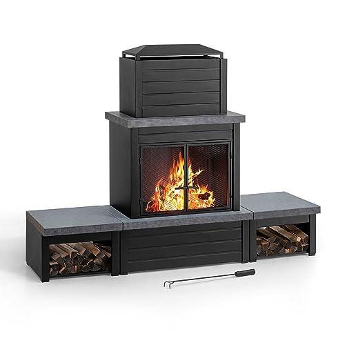 Sunjoy Outdoor Fireplace, Patio Wood Burning Steel Fireplace with Chimney, Log Holders, Fireplace Tool and PVC Cover, Black - CookCave