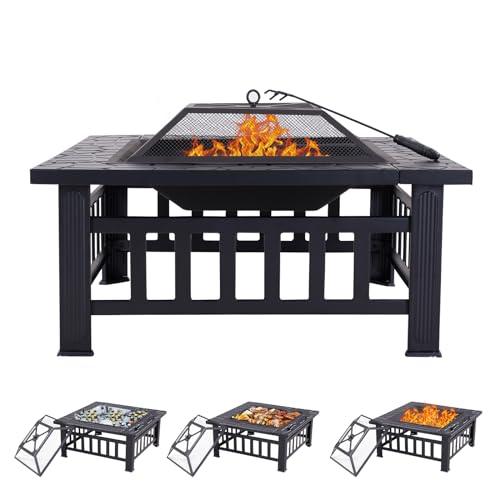 32" Square Outdoor Fire Pit Table Multiuse Patio BBQ Firepit with Steel Fire Poker and Cover for Camping, Outdoor Heating, Outside Wood Burning and Picnic, Black - CookCave