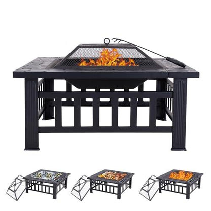 32" Square Outdoor Fire Pit Table Multiuse Patio BBQ Firepit with Steel Fire Poker and Cover for Camping, Outdoor Heating, Outside Wood Burning and Picnic, Black - CookCave