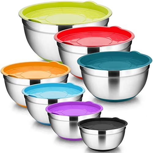 TeamFar Mixing Bowls, Mixing Bowls with Lids Set, Stainless Steel Large Metal Nesting Salad Bowl with Airtight Lid & Non-Slip Bottom, 7/3.5/3 / 2.5/1.5/1 / 0.7 QT, (Set of 7, Colorful) - CookCave