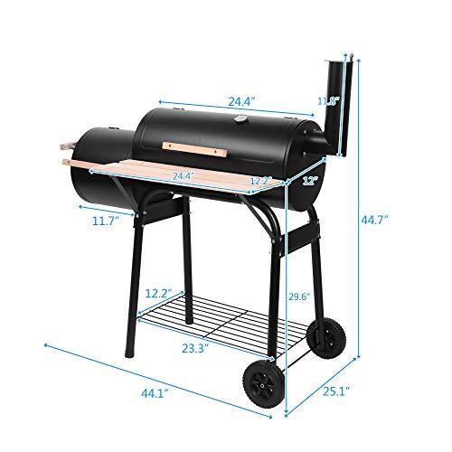 Charcoal Grill with Offset Smoker, BBQ Grill with Cart and Side Shelves, 24 Inch Outdoor Barbeque Grill for Picnic, Camping, Patio, Backyard Cooking, Black - CookCave