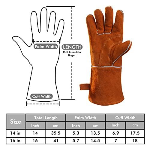 QeeLink Welding Gloves - Heat & Wear Resistant Lined Leather and Fireproof Stitching - For Welders/Fireplace/BBQ/Gardening (14-inch, Brown) - CookCave