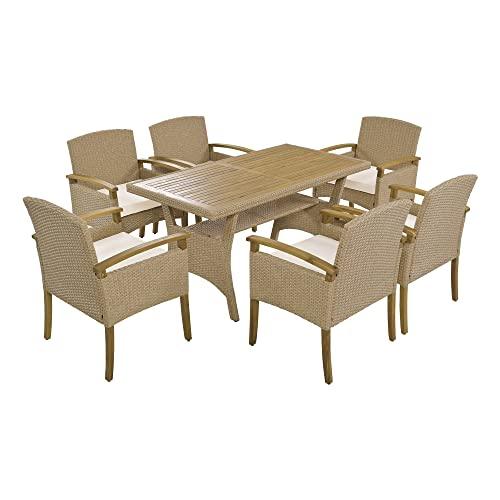 WOXYX 7-Piece Outdoor Patio All Weather PE Rattan Dining Table Set with Wood Tabletop and Cushions for 6, White - CookCave