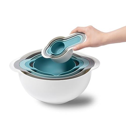 Mixing Bowls for Kitchen, 13 Piece Plastic Mixing Bowls Set Includes 2 Mixing Bowls, 1 Colander, 1 Sifter, 4 Measuring Cups, 5 Kitchen Gadgets for Baking Prepping Cooking and Serving, BPA Free - CookCave