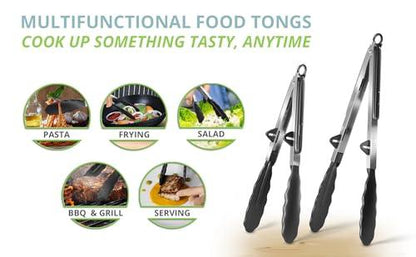 Oliver's Kitchen ® Tongs - 2x Food Safe Silicone Cooking Tongs - Locking Clip for Easy Storage - Great for BBQ - Easy To Use & Grip Kitchen Tongs - Stylish Stainless Steel Design - CookCave