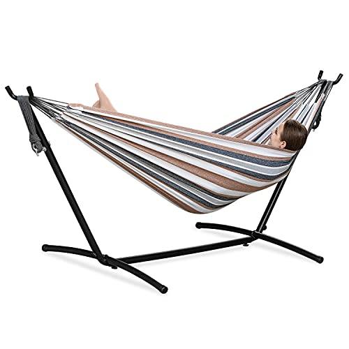 PNAEUT Double Hammock with Space Saving Steel Stand Included 2 Person Heavy Duty Outside Garden Yard Outdoor 450lb Capacity 2 People Standing Hammocks and Portable Carrying Bag (Coffee) - CookCave