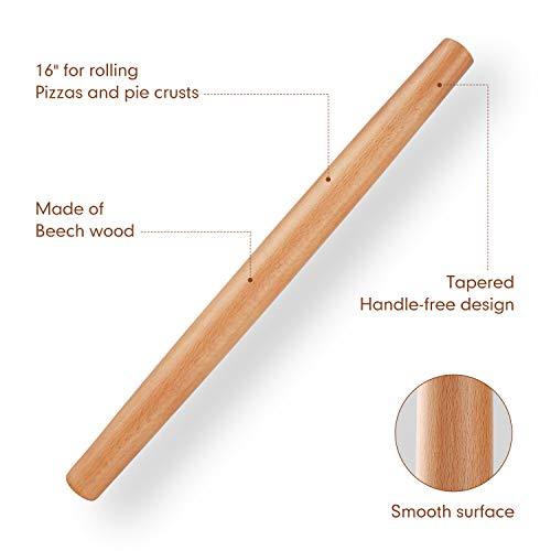 Wood French Rolling Pin for Baking, QUELLANCE Wooden Dough Roller with Silicone Baking Mat, Beech Wood Rolling Pins for Baking Dough, Pizza, Pie, Pastries, Pasta and Cookies,Red Pastry Mat - CookCave