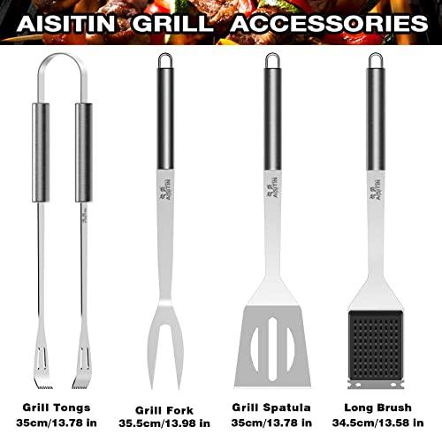 AISITIN Grill Accessories 25PCS BBQ Tools Set Stainless Steel Grilling Kit with Thermometer, Fork, Tongs and Spatula, Grill Mat - Gifts for Dad Durable, Stainless Steel Grill Tools - CookCave