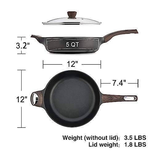 SENSARTE Nonstick Deep Frying Pan, 12 Inch Large Skillet Pan, Induction Cookware, 5Qt Non Stick Saute Pan with Lid, Non Toxic Cooking Pan with Helper Handle, Healthy, PFOA PFOS APEO Free, Black - CookCave