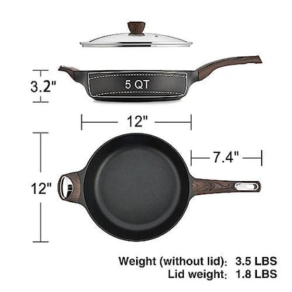 SENSARTE Nonstick Deep Frying Pan, 12 Inch Large Skillet Pan, Induction Cookware, 5Qt Non Stick Saute Pan with Lid, Non Toxic Cooking Pan with Helper Handle, Healthy, PFOA PFOS APEO Free, Black - CookCave