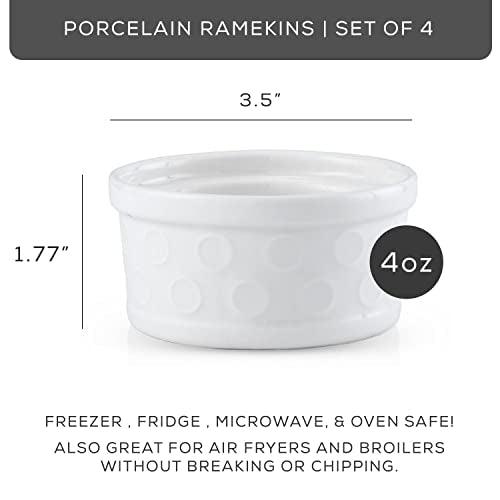 JoyJolt Small Ramekins 4 oz Oven Safe Bowls. White Embossed Porcelain Ceramic Ramekin Set of 4. Creme Brulee Ramekins, Souffle Cups, Custard Cups, Charcuterie Bowls, Sauce Cups, Gratin Ramiken - CookCave