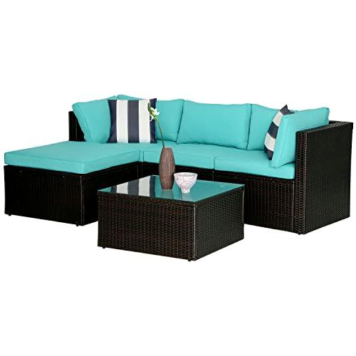 5 Pieces Rattan Patio Furniture Sets Modular Outdoor Conversation Sofa Set All Weather Wicker Sectional Sofa with 2 Corner Chair Armless Chair Ottoman Chair Glass Table 2 Pillow,Blue Cushion - CookCave
