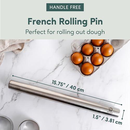 Ultra Cuisine French Rolling Pin for Baking – Use with Pizza, Cookie, and Pastry Dough, Fondant and Pie Crust – Tapered Design Bread Roller Pin, Stainless Steel 15.75-inch Large Roller Pin - CookCave