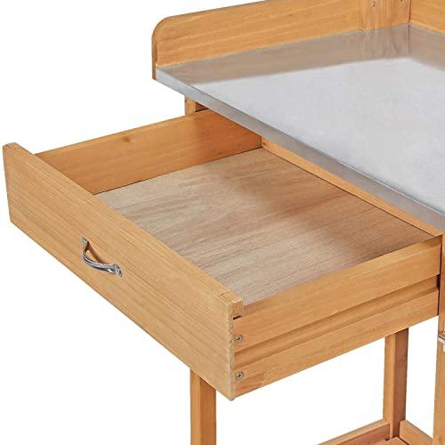 Topeakmart Outdoor Potting Bench Table Work Station Garden Planting with Cabinet & Drawer & Top Shelf & Lower Shelf Natural Wood - CookCave