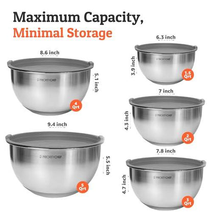 Priority Chef Premium Mixing Bowls With Airtight Lids Set, Thicker Stainless Steel Mixing Bowl Set, Large Prep Metal Bowls with Lids, Nesting Bowls for Kitchen, 1.5/2/3/4/5 Qrt, Grey - CookCave