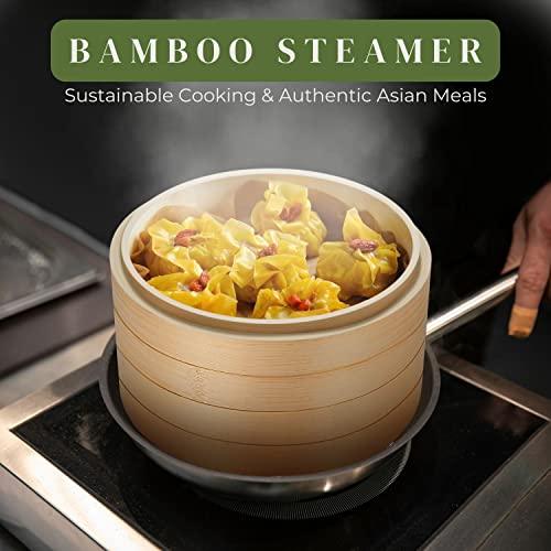 Flexzion Bamboo Steamer Basket Set (10 inch), 50 x Steamer Liners and 2 Pairs of Chopsticks, Steam Baskets for DimSum Dumplings, Rice, Vegetables, Fish and Meat - CookCave