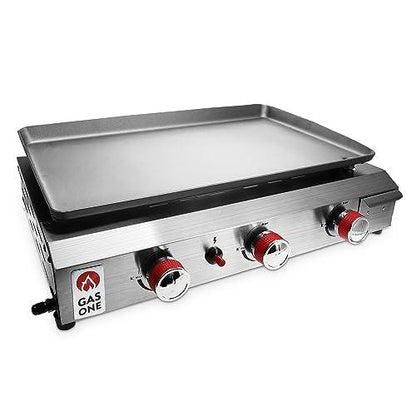 Gas One Flat Top Grill with 3 Burners – Auto Ignition Propane Portable Gas Grill – Premium Stainless Steel Body Tabletop Grill with Pre Season Griddle – Convenient Drip Tray – Ideal for RV, Camping - CookCave