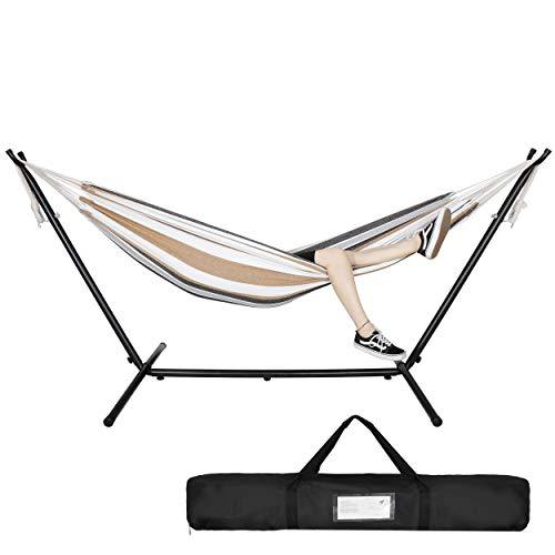 SUPER DEAL Portable Hammock with 9FT Space Saving Steel Stand Set, 620lb Capacity Double Brazilian Style 2 Person Hammock Bed with Carrying Case for Camping Garden Backyard Patio Indoor Outdoor - CookCave