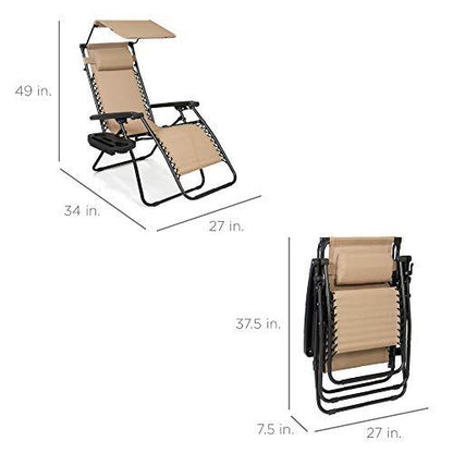 Best Choice Products Folding Zero Gravity Outdoor Recliner Patio Lounge Chair w/Adjustable Canopy Shade, Headrest, Side Accessory Tray, Textilene Mesh - Beige - CookCave