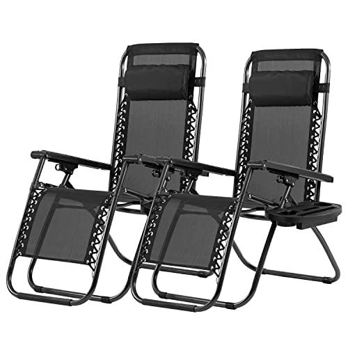 PayLessHere Lounge Chair Set of 2 Adjustable Zero Gravity Chair Beach Chair Folding Lawn Patio Chair with Removable Pillow and Cup Holder for Poolside Backyard Lawn Beach,Black - CookCave