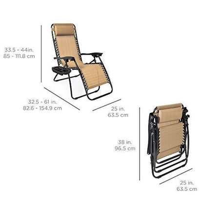 Best Choice Products Set of 2 Adjustable Steel Mesh Zero Gravity Lounge Chair Recliners w/Pillows and Cup Holder Trays, Beige - CookCave