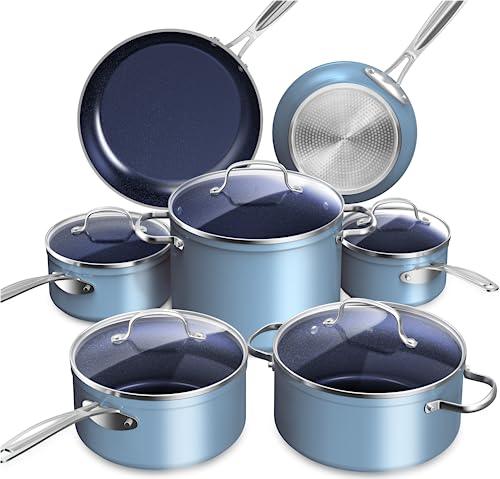 Nuwave Healthy Duralon Blue Ceramic Nonstick Cookware Set, Diamond Infused Scratch-Resistant, PFAS Free, Dishwasher & Oven Safe, Induction Ready & Evenly Heats, Tempered Glass Lids & Stay-Cool Handles - CookCave