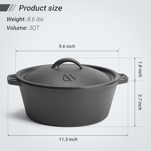 Pre-Seasoned Cast Iron Dutch Oven Pot with Lid, for Braising, Broiling, Frying, Sourdough Bread Baking, Camping Cookware, BBQ,3 Quart Pan - CookCave