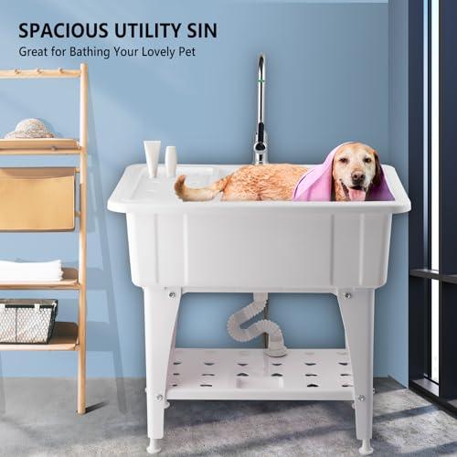 VINGLI Utility Sink Laundry Tub for Washing Room, Freestanding Utility Sink with Stainless Steel Faucet, (White, 32.3"W x 22.4" D x 43.3"H) - CookCave