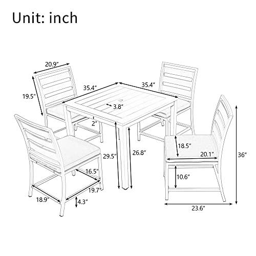 EMKK 5-Piece Indoor Outdoor Wicker Dining Set Furniture for Patio, Backyard w/Square Glass Tabletop, Umbrella Cutout, 4 Chairs, H-White - CookCave