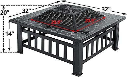 ZENY 32in Outdoor Fire Pits Outside Wood Burning Firepit Square Metal Fireplace Table Fire Bowl with Grill,Screen and Poker for Camping Bonfire Backyard BBQ - CookCave