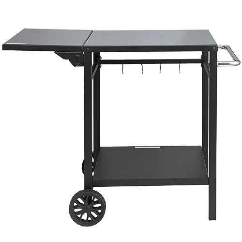 VEVOR Outdoor Grill Dining Cart with Double-Shelf, BBQ Movable Food Prep Table, Multifunctional Foldable Iron Table Top, Portable Modular Carts for Pizza Oven, Worktable with 2 Wheels, Carry Handle - CookCave