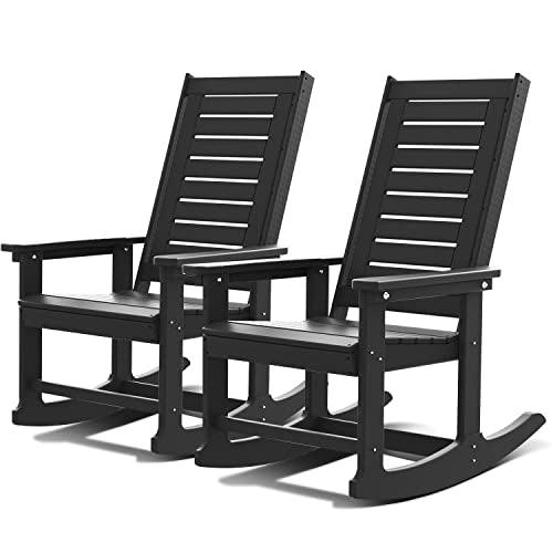 GREENVINES Outdoor Rocking Chairs Set of 2, HDPE All-Weather Porch Rockers, Oversized Plastic Rocker w/High Back for Outside Indoor Living Room Backyard Balcony Garden, Support 400 lbs, Black - CookCave