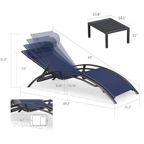 PURPLE LEAF Patio Chaise Lounge Set Outdoor Beach Pool Sunbathing Lawn Lounger Recliner Outside Tanning Chairs with Arm for All Weather Side Table Included Navy Blue - CookCave