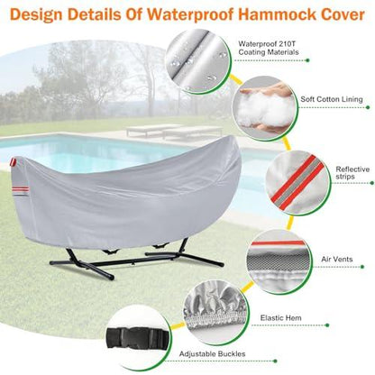 Waterproof 11-12 Hammock Cover, 210T Sun Rain UV Dust Snow Protection Outdoor Hammock Covers with Windproof Straps & Soft Cotton Lining for Hammock with 55 inch Spreader Bars -Silver - CookCave