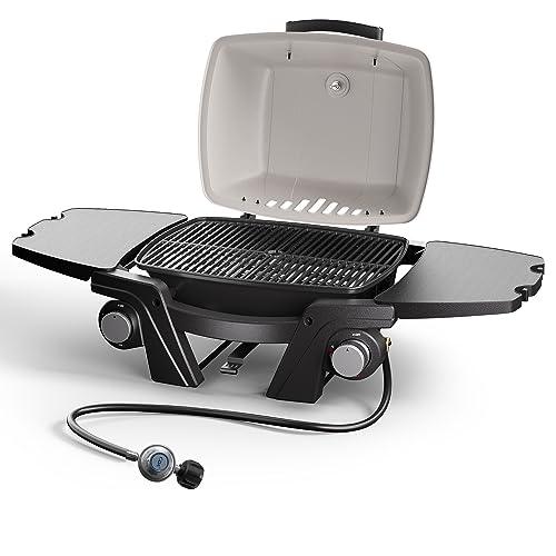 Portable Gas Grill, Portable Propane Grill, Propane Gas Grill, 24,000 BTU Outdoor Tabletop Small BBQ Grill with Two Burners, Removable Side Tables, Gas Hose and Regulator, Built in Thermometer, White - CookCave